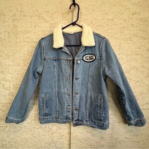 Pacsun PS Kids Denim Button Up Jacket Sz XL Sherpa Collar Peace Patch Fleece